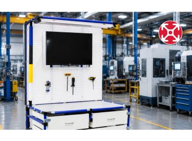 Modular manufacturing workstation with monitor, pegboard tools, drawers, and integrated storage on a factory floor