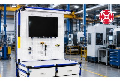 Modular manufacturing workstation with monitor, pegboard tools, drawers, and integrated storage on a factory floor
