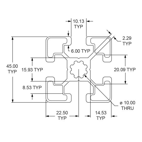 45-4545-Lite | 45mm X 45mm Lite T-Slotted Profile - Four Open T-Slots