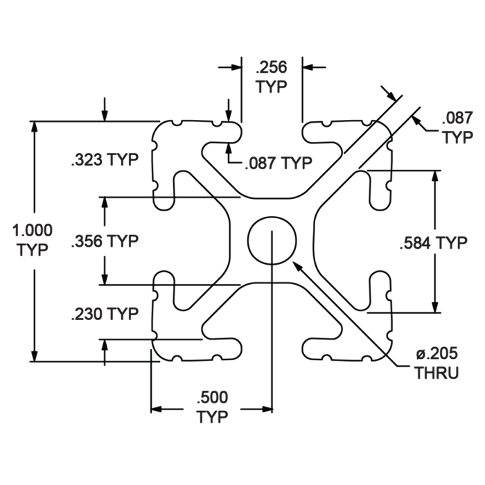 1010-Black | 1.00” X 1.00” T-Slotted Profile - Four Open T-Slots