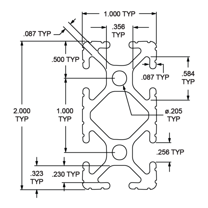 1020 | 1.00” X 2.00” T-Slotted Profile - Six Open T-Slots