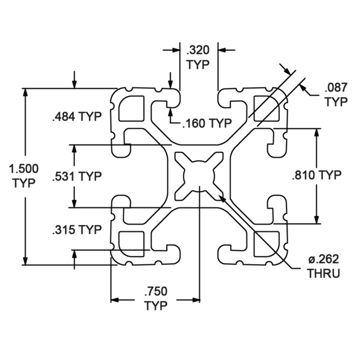 1515-UL | 1.50” X 1.50” Ultra-LiteT-Slotted Profile - Four Open T