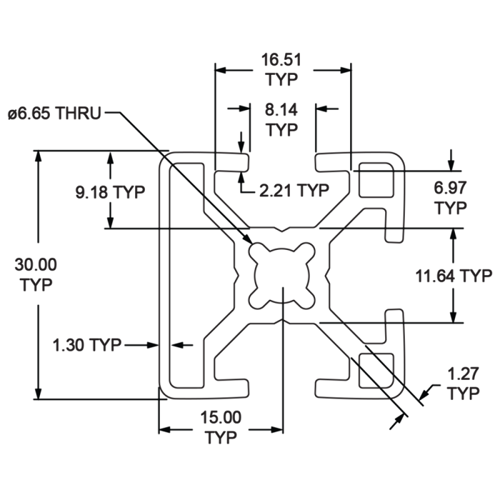 30-3003 | 30mm X 30mm T-Slotted Profile - Three Adjacent Open T-Slots