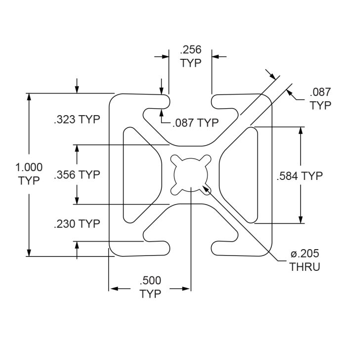 1004-S | 1.00” X 1.00” Smooth Surface T-Slotted Profile - Two