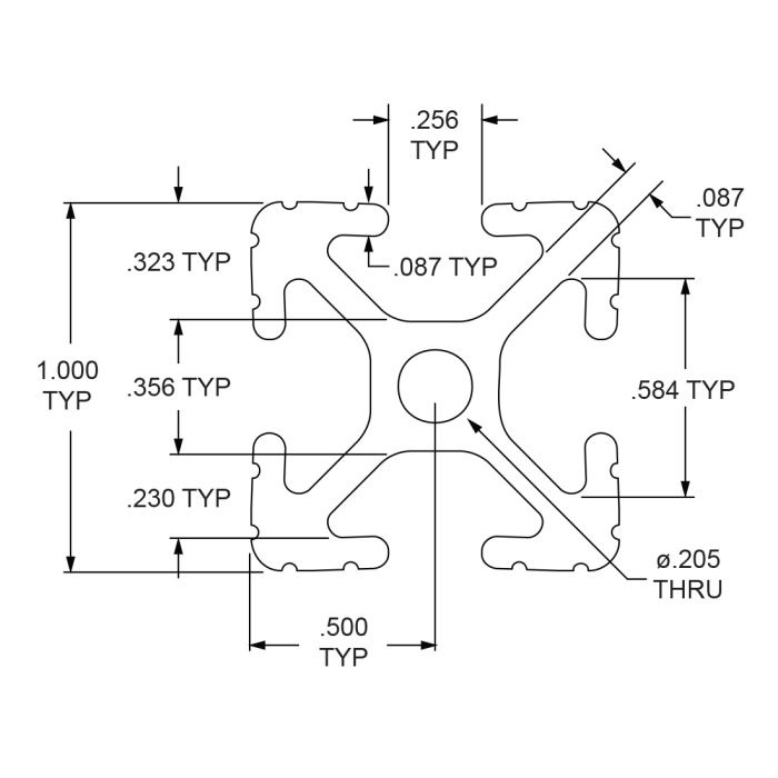 1010-Black-FB | 1.00” X 1.00” T-Slotted Profile - Four Open T-Slots