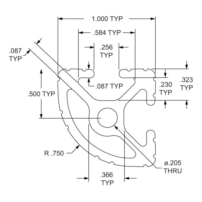 1012 | 1.00” X 1.00” Quarter Round T-Slotted Profile - Two Open T 1012 | 1.00” X 1.00” Quarter Round T-Slotted Profile - Two Open T