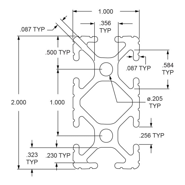 1020-Black | 1.00” X 2.00” T-Slotted Profile - Six Open T-Slots