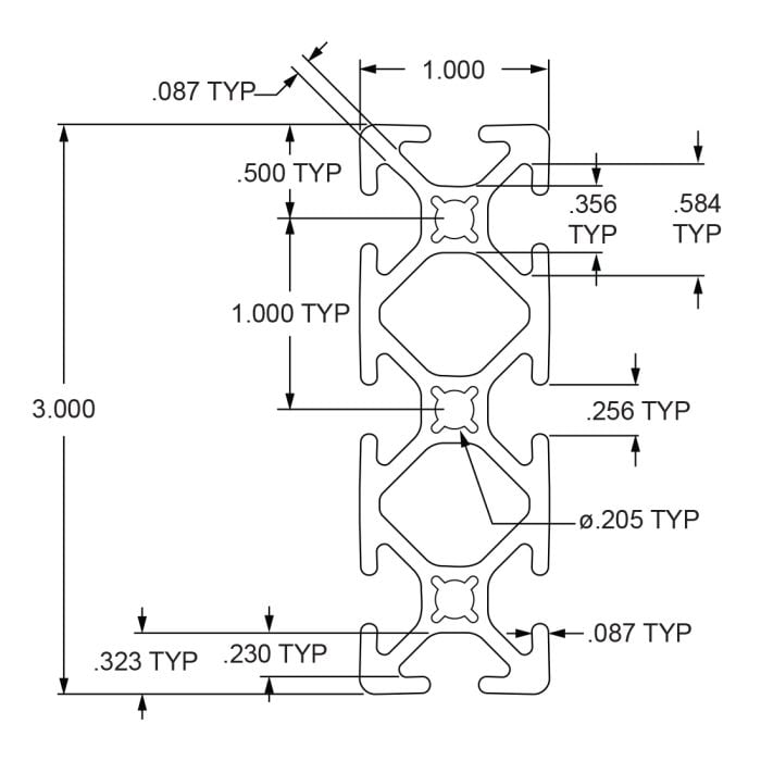 1030-S | 1.00” X 3.00” Smooth Surface T-Slotted Profile - Eight