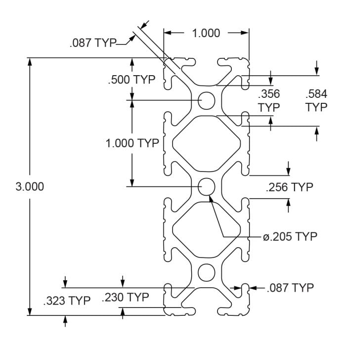 パーツ prologo dinension 1030 | 1.00” X 3.00” T-Slotted Profile - Eight Open T-Slots