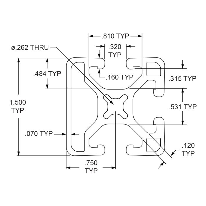 1503-LS | 1.50” X 1.50” Lite Smooth Surface T-Slotted Profile