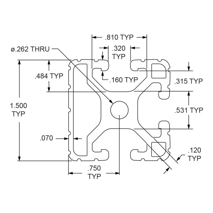 1503 | 1.50” X 1.50” T-Slotted Profile - Three Adjacent Open T-Slots