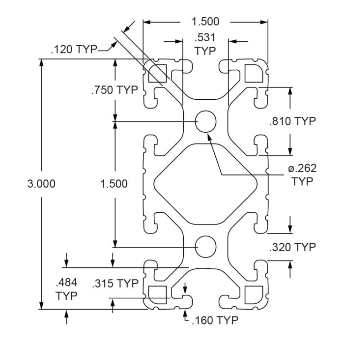 1530-Lite | 1.50” X 3.00” Lite T-Slotted Profile - Six Open T-Slots