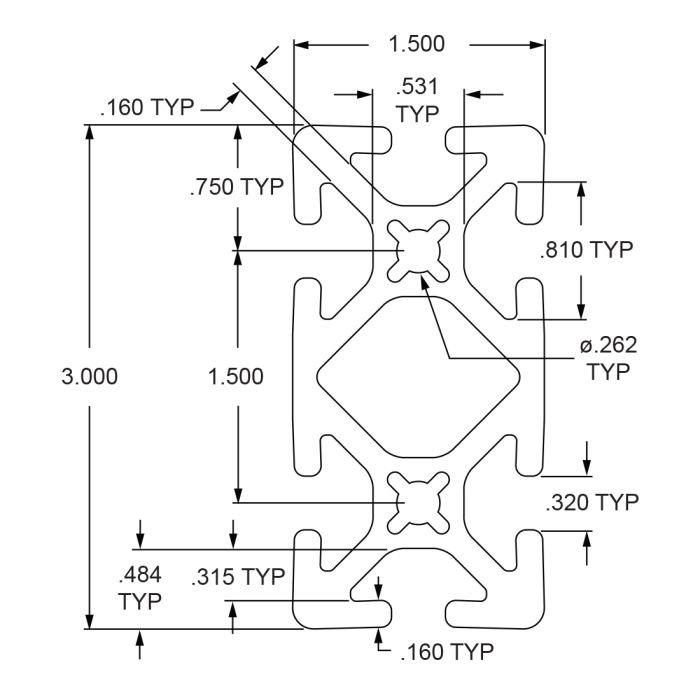 1530-S-Black | 1.50” X 3.00” Smooth Surface T-Slotted Profile