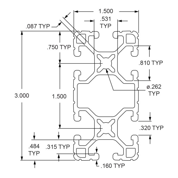 1530-UL | 1.50” X 3.00” Ultra-Lite T-Slotted Profile - Six Open T