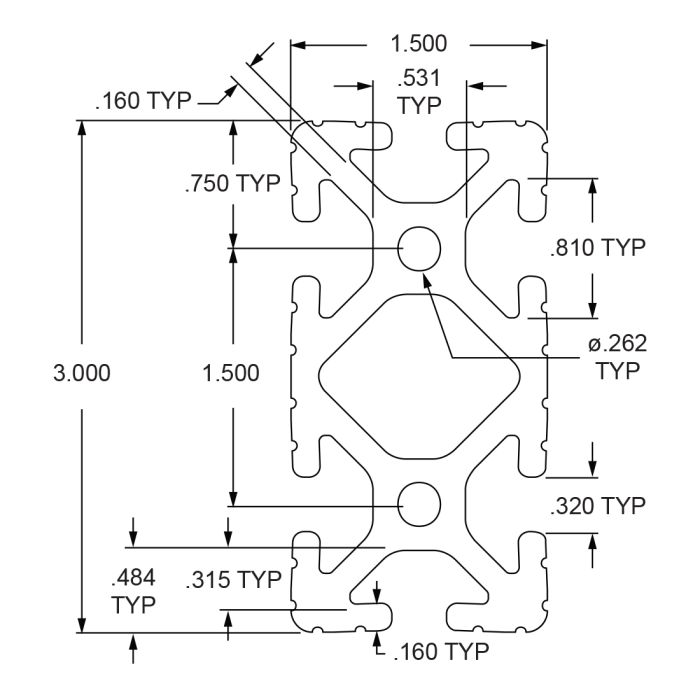 1530 | 1.50” X 3.00” T-Slotted Profile - Six Open T-Slots