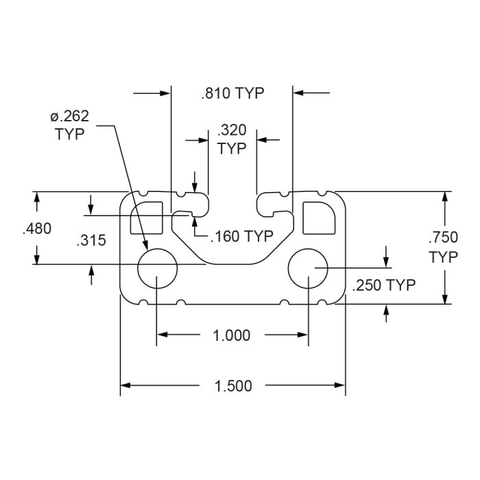 1534-Lite | 1.50” X .75” Lite T-Slotted Profile - Single Open T-Slot