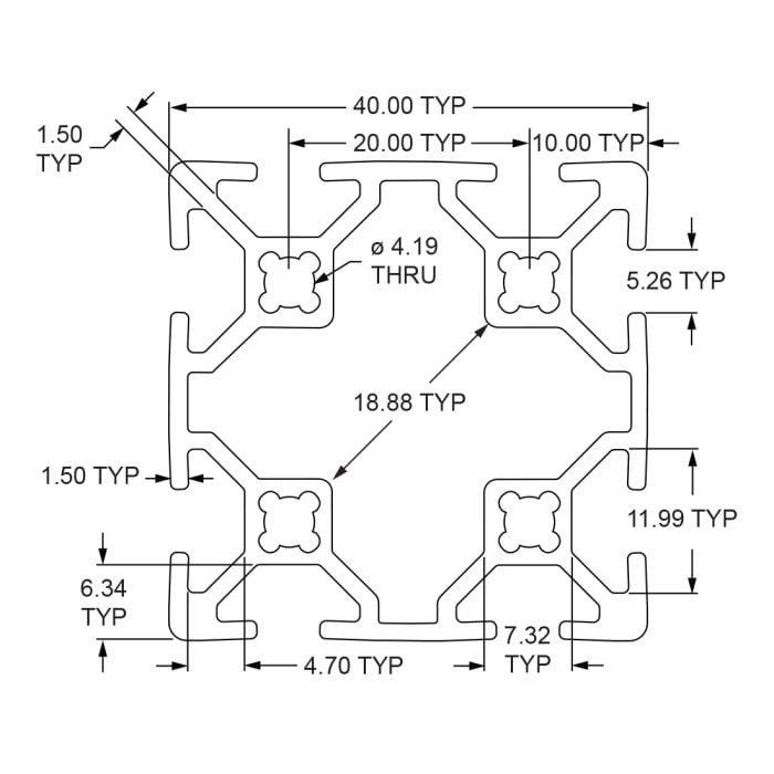20-4040 | 40mm X 40mm T-Slotted Profile - Eight Open T-Slots