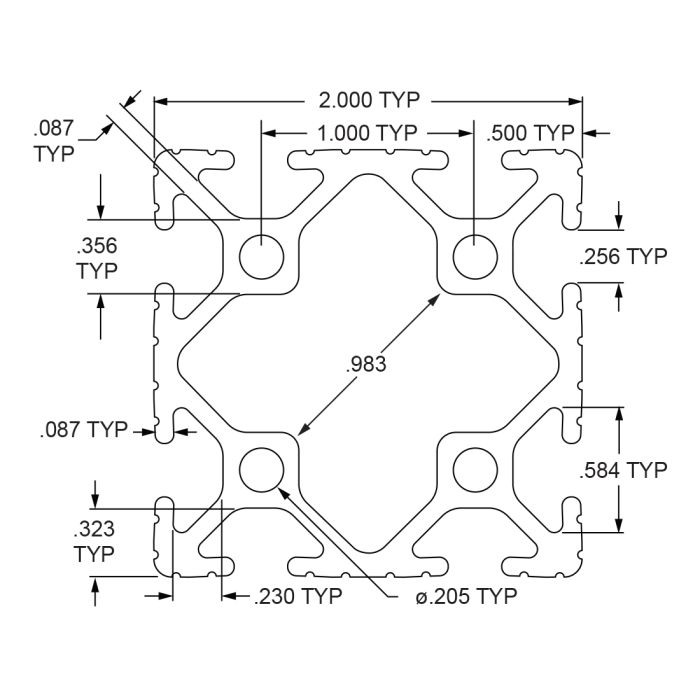 2020 | 2.00” X 2.00” T-Slotted Profile - Eight Open T-Slots