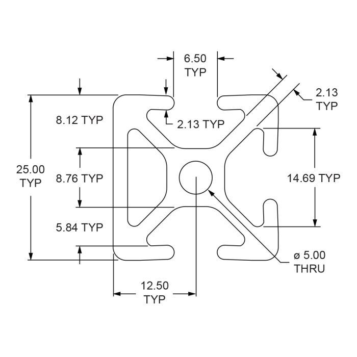 25-2503 | 25mm X 25mm T-Slotted Profile - Three Adjacent Open T-Slots