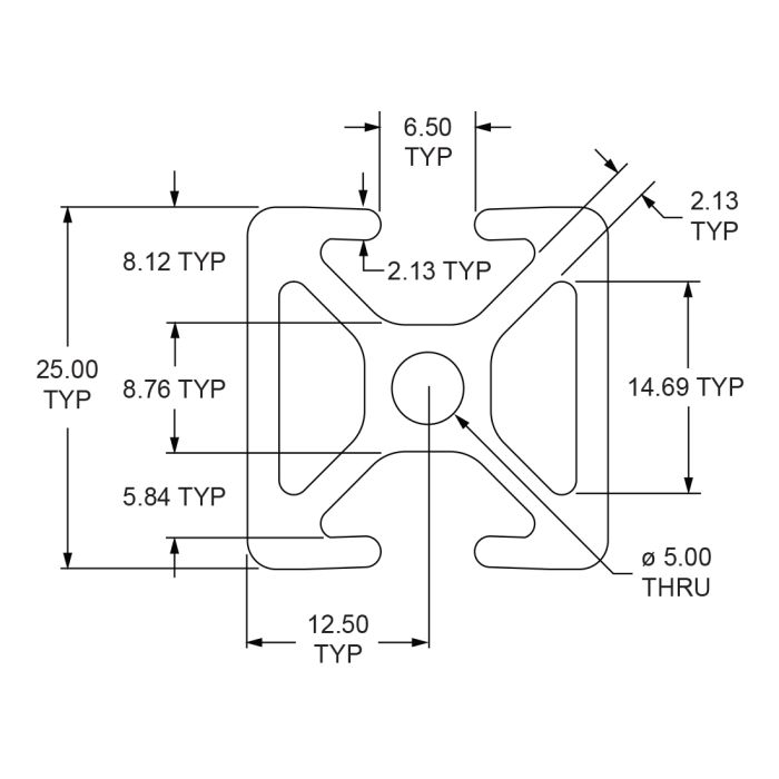 25-2504 | 25mm X 25mm T-Slotted Profile - Two Opposite Open T-Slots