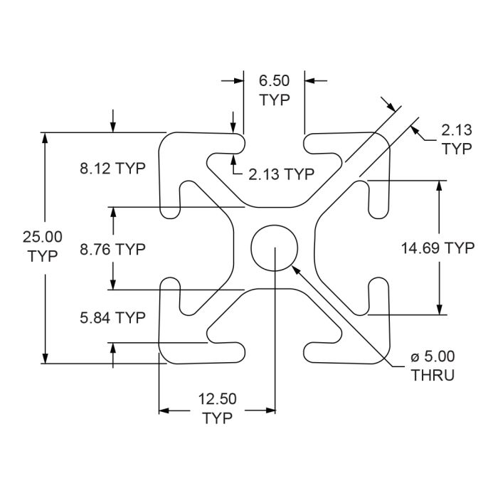 25-2525-Black-FB | 25mm X 25mm T-Slotted Profile - Four Open T-Slots