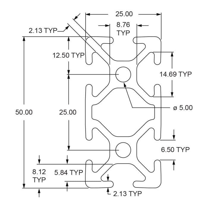 25-2550 | 25mm X 50mm T-Slotted Profile - Six Open T-Slots