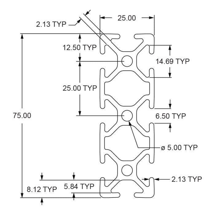 25-2576 | 25mm X 75mm T-Slotted Profile - Eight Open T-Slots