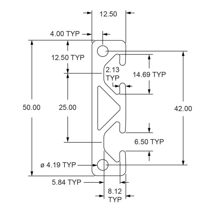 25-5013 | 50mm X 12.5mm T-Slotted Profile - Two Adjacent Open T-Slots