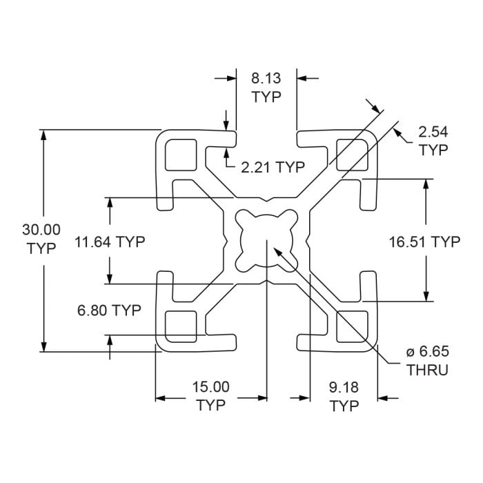 30-3030-Black | 30mm x 30mm Black T-Slot Profile | 4 Open T-Slots