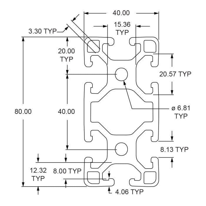 40-4080-Lite | 40mm X 80mm Lite T-Slotted Profile - Six Open T-Slots