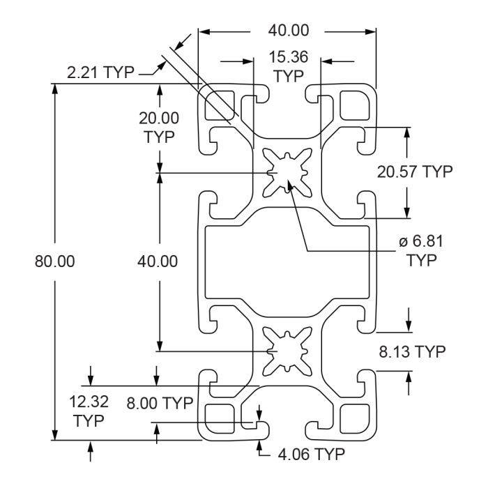 40-4080-UL | 40mm X 80mm Ultra-Lite T-Slotted Profile - Six Open T