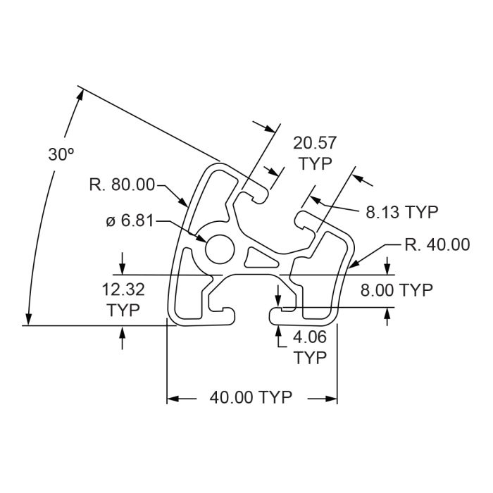 40-4093 | 40mm T-Slotted Profile 30° Outside Radius - Two Opposite