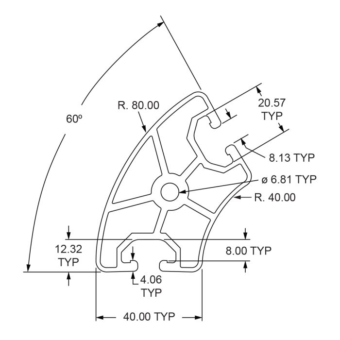 40-4096 | 40mm T-slotted Profile 60° Outside Radius - Two Opposite
