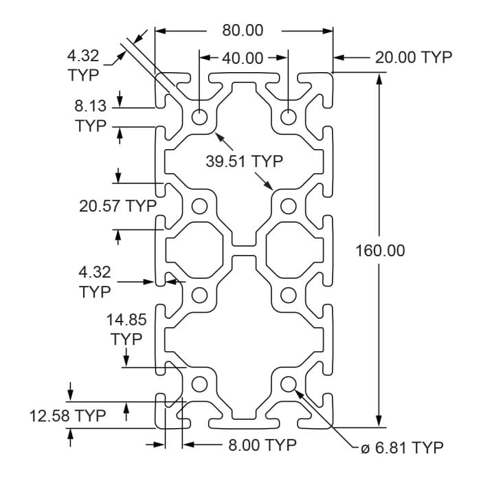 40-8016 | 80mm X 160mm T-Slotted Profile - Twelve Open T-Slots