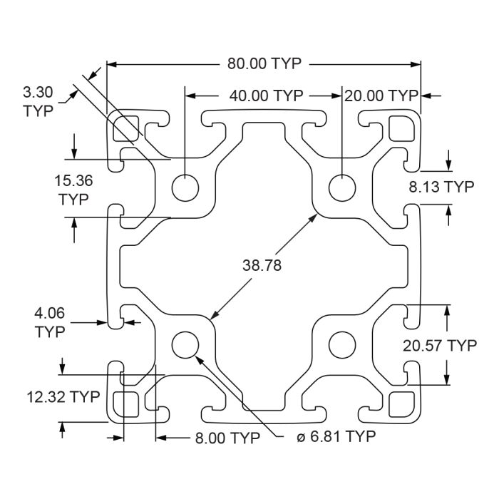 40-8080-Lite | 40mm x 40mm Lite T-Slot Profile | 8 Open T-Slots