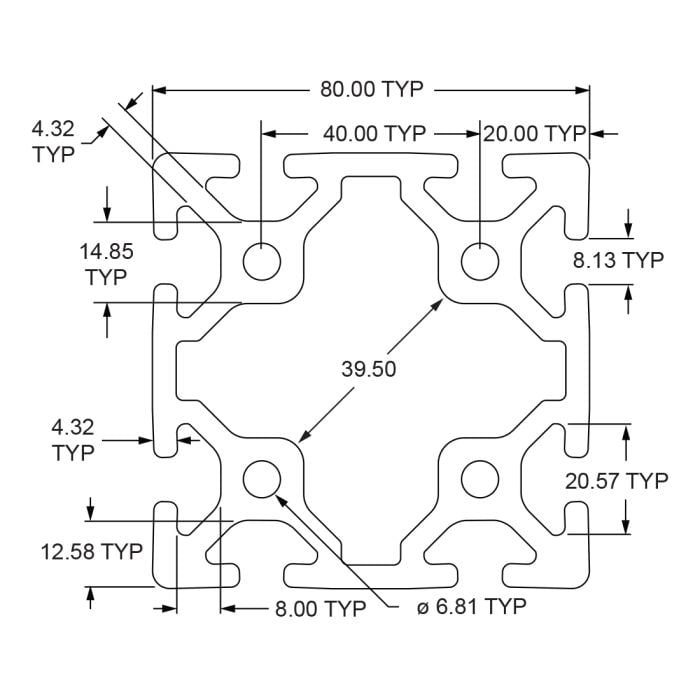 40-8080 | 80mm X 80mm T-Slotted Profile - Eight Open T-Slots