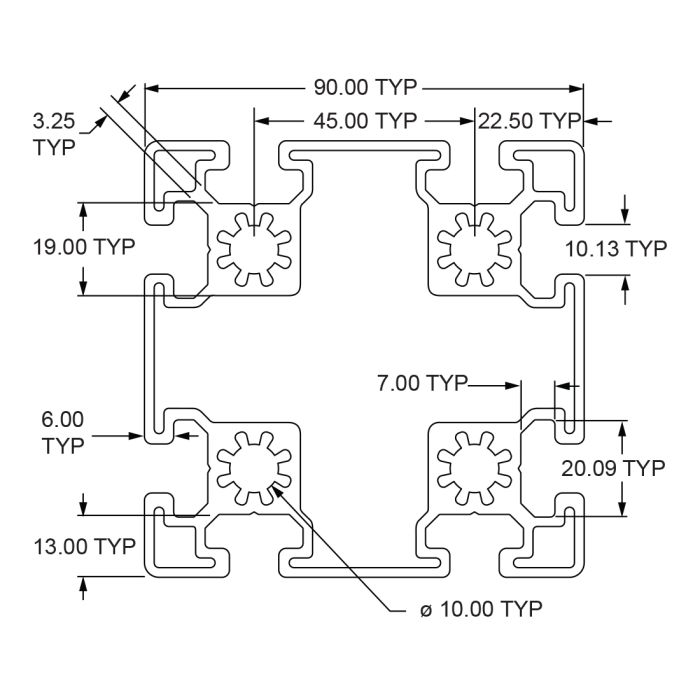 45-9090 | 90mm X 90mm T-Slotted Profile - Eight Open T-Slots