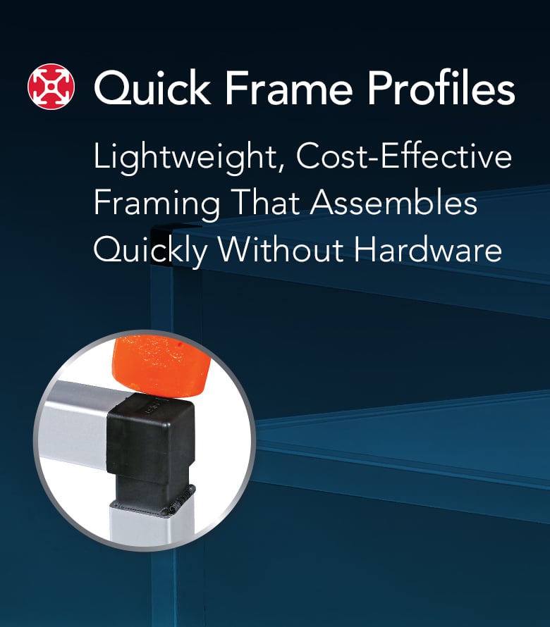 An industrial banner featuring Quick Frame lightweight aluminum tubing assembled into a white-paneled display structure or enclosure.