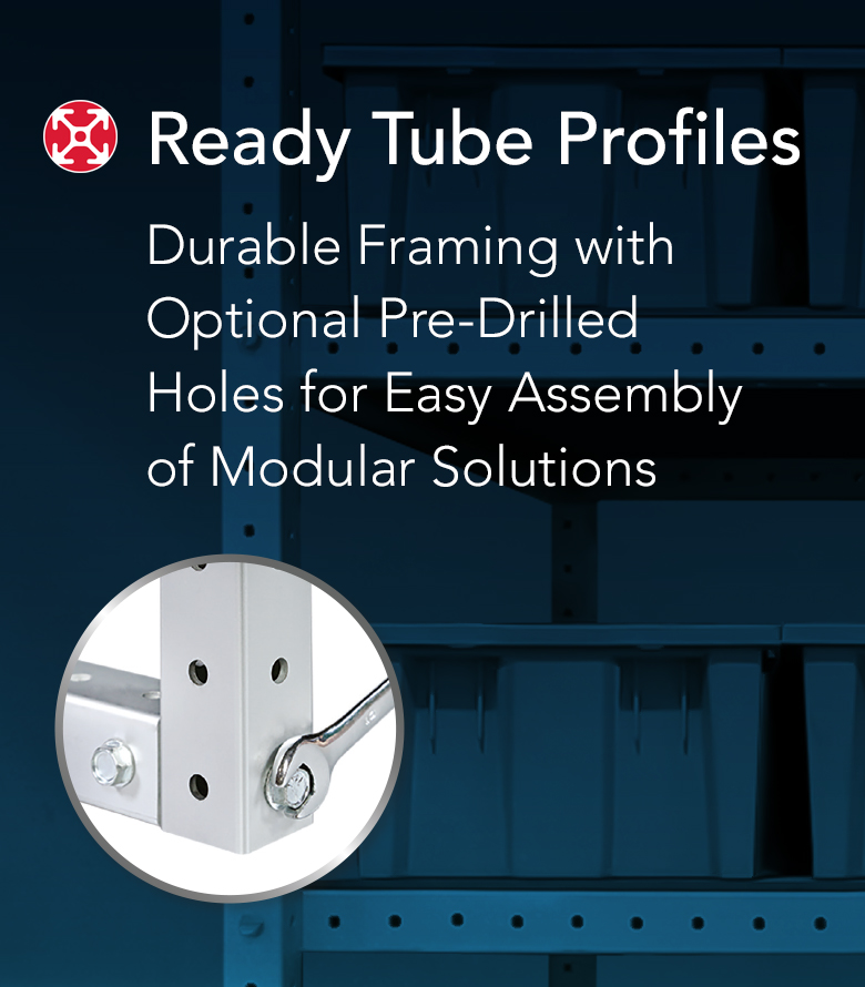 An industrial product banner displaying Ready Tube steel framing profiles assembled into a heavy-duty storage rack holding rows of grey plastic bins.
