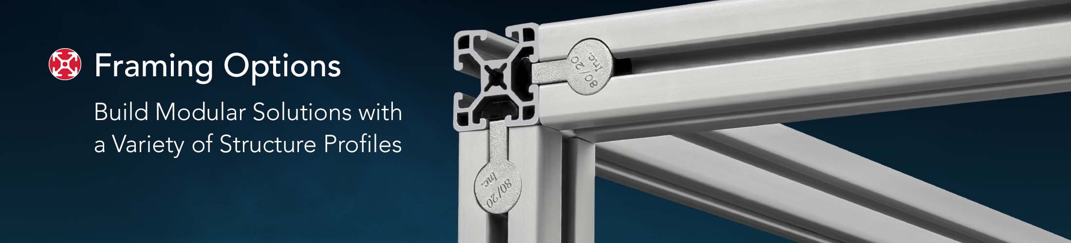 80/20 T-slot aluminum extrusion profiles joined at a 90-degree corner using internal fastening joints stamped with the "80/20 Inc." logo.