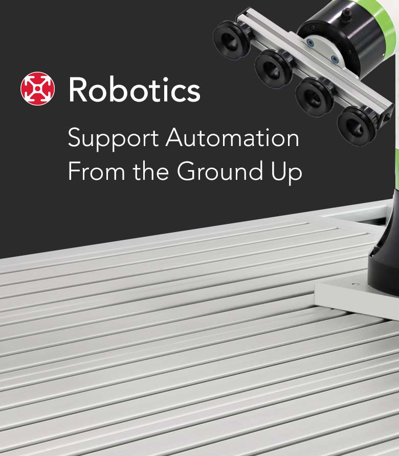 A robotic arm with a custom 80/20 T-slot aluminum end-of-arm tooling (EOAT) attachment featuring vacuum suction cups. The robot is mounted on a heavy-duty aluminum extrusion baseplate next to the text "Robotics: Support Automation From the Ground Up" 