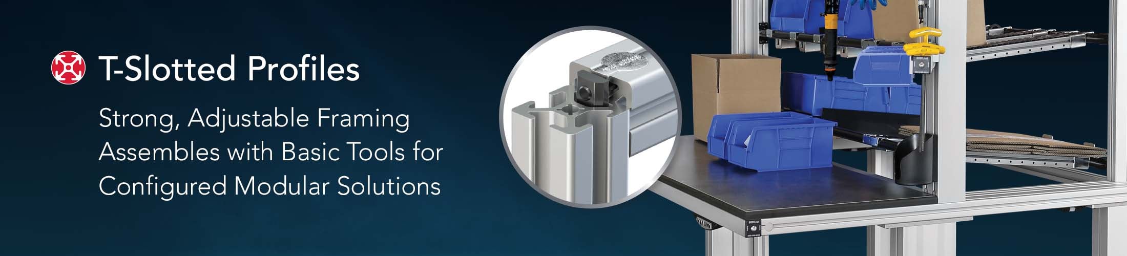 An industrial banner showcasing silver 80/20 T-slotted profiles used to build an adjustable workstation with blue storage bins and cardboard boxes.