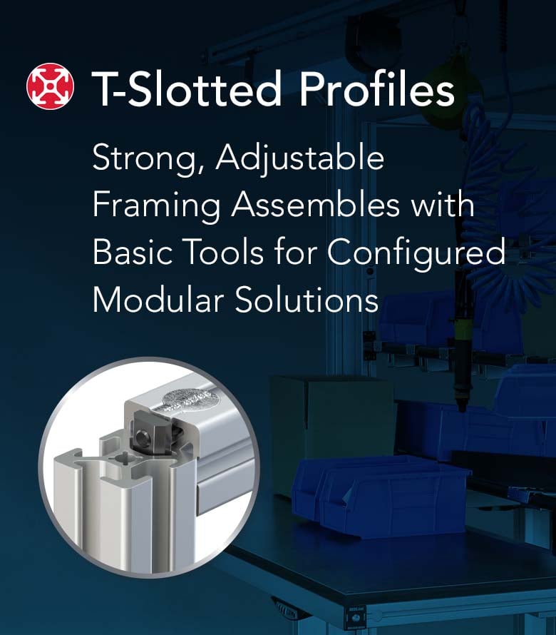 An industrial banner showcasing silver 80/20 T-slotted profiles used to build an adjustable workstation with blue storage bins and cardboard boxes.