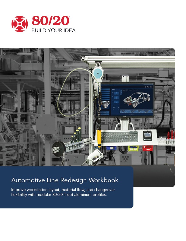 Front cover of the 80/20 field guide titled "Automotive Redesign Line Workbook." The image features a modular 80/20 workstation with T-slot aluminum