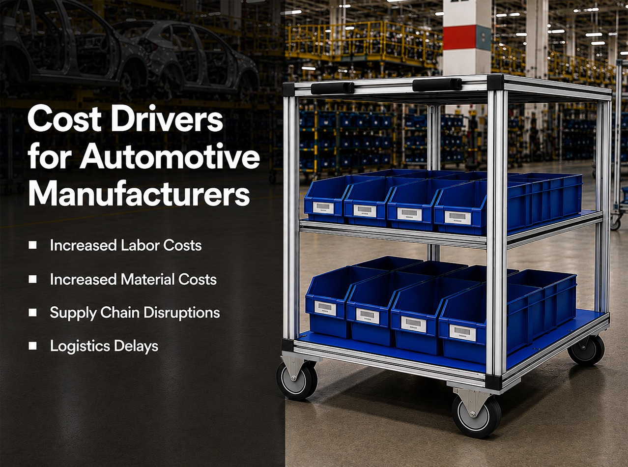 Automotive manufacturing graphic highlighting key cost drivers&mdash;including labor, material costs, supply chain disruptions, and logistics delays&mdash;alongside a modular T-slot aluminum material handling cart with storage bins.
