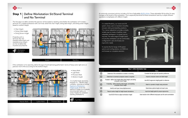 Ergonomic workstation design guide illustrating seated and standing workstation configurations, work height recommendations, and adjustable T-slot aluminum workstations with a checklist for designing ergonomic assembly and manufacturing workstati