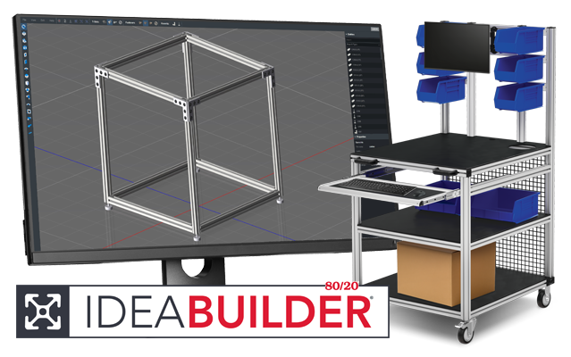 80/20 IdeaBuilder software displaying a 3D CAD model of a modular T-slot aluminum flow cart on a laptop alongside the completed cart design for rapid product configuration and visualization.