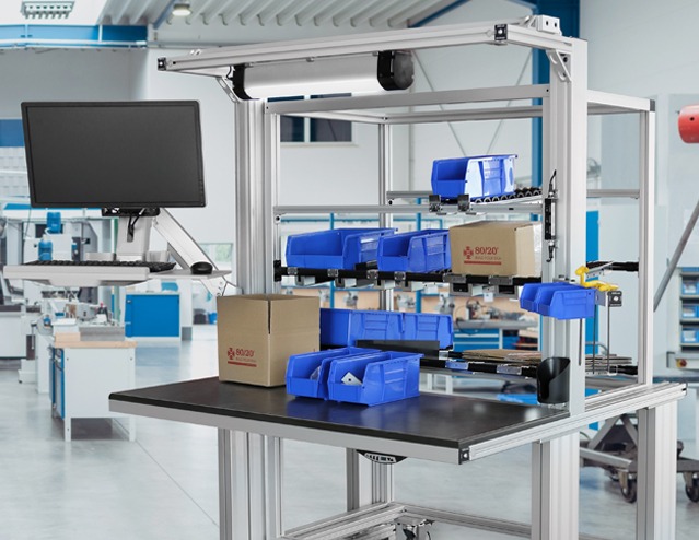 Modular T-slot aluminum material handling workstation featuring gravity flow racks, parts bins, monitor mount, and ergonomic work surface for lean manufacturing and assembly operations.