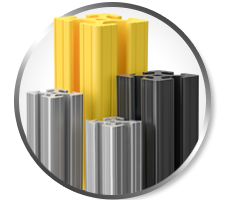 Collection of T-slot aluminum extrusion profiles in clear anodized, black anodized, and safety yellow finishes for modular industrial framing and material handling applications.