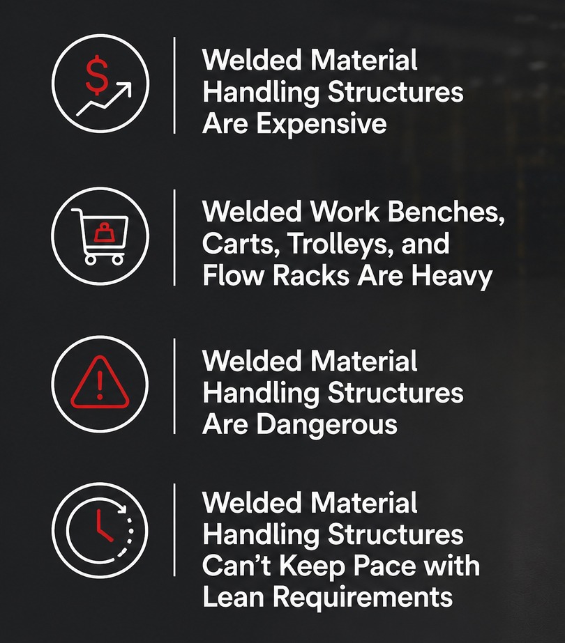Infographic highlighting the disadvantages of welded material handling structures, including higher costs, heavy workstations and carts, safety concerns, and limited flexibility for lean manufacturing.